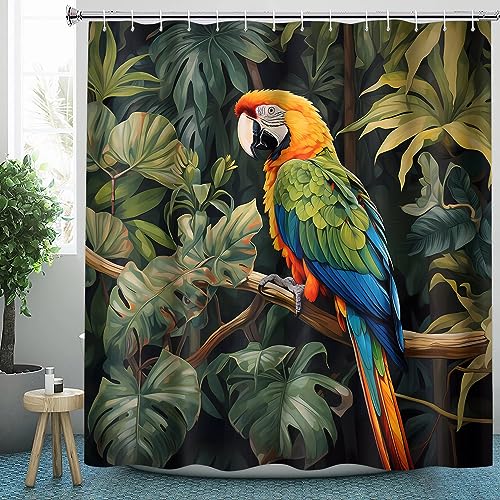 CLOXKS Wasserdichter Duschvorhänge Papagei, Tropische Pflanzen Duschvorhang 100x200 Anti-Schimmel - Duschvorhang Textil für Badewanne mit 12 Haken