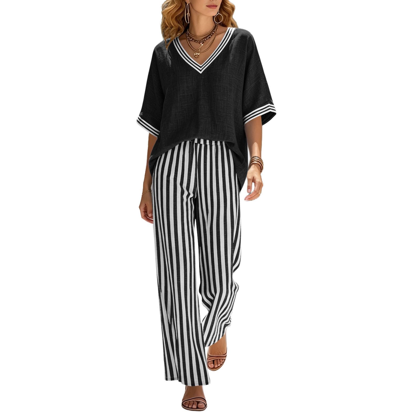 Conjuntos de lino a rayas para mujer, manga corta, cuello en V, pantalones de cintura elástica, conjunto de 2 piezas para descansar, para verano, casual, holgado, para viajes al aeropuerto, con