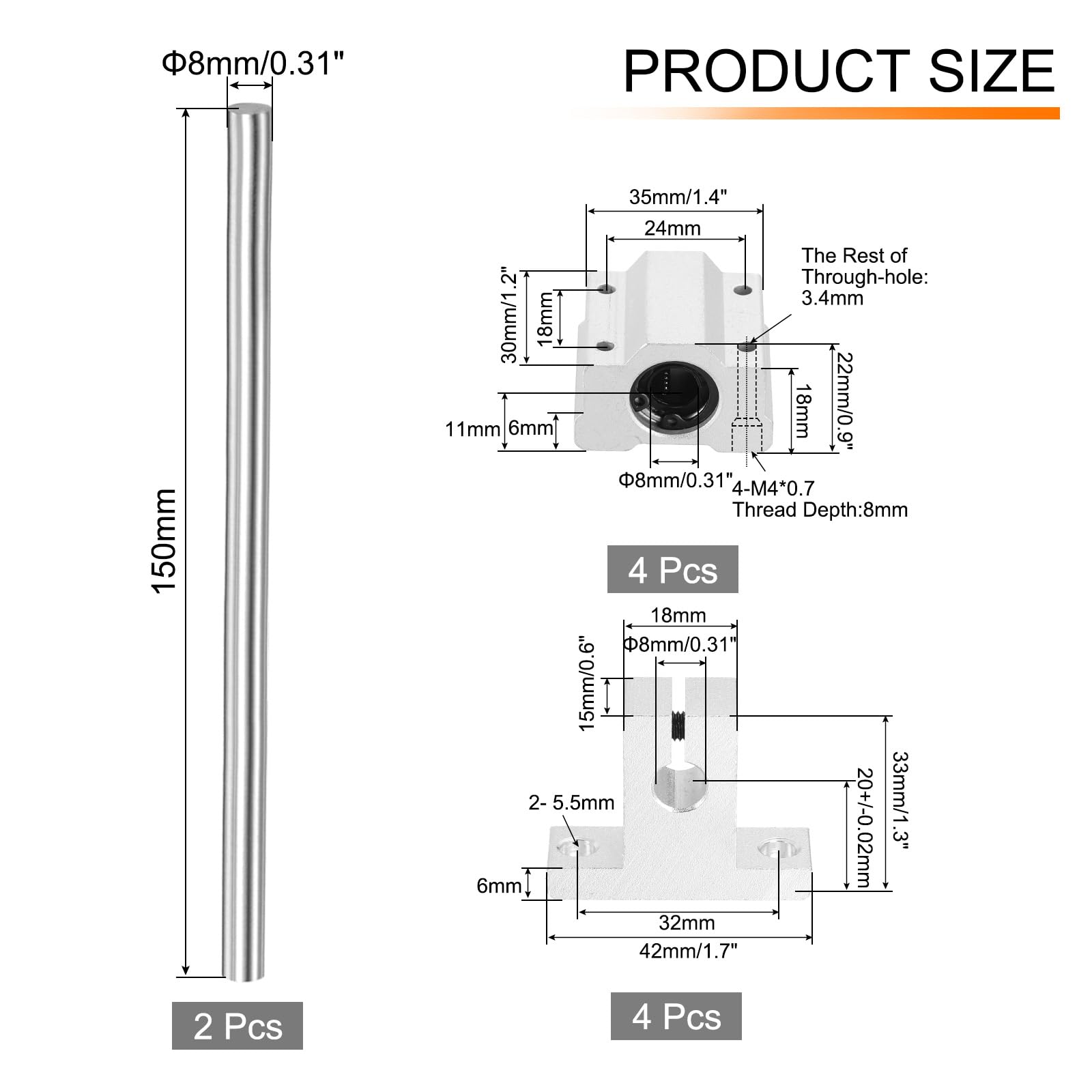 QUARKZMAN 2 Pcs 8mm x 150mm Guida Lineare Aste Scorrimento Con 4 Pcs Cuscinetti SCS8UU E 4 Pcs Supporti SK8 Set Guida Lineare Aste Scorrimento Per Macchina CNC Stampante 3D, Argento