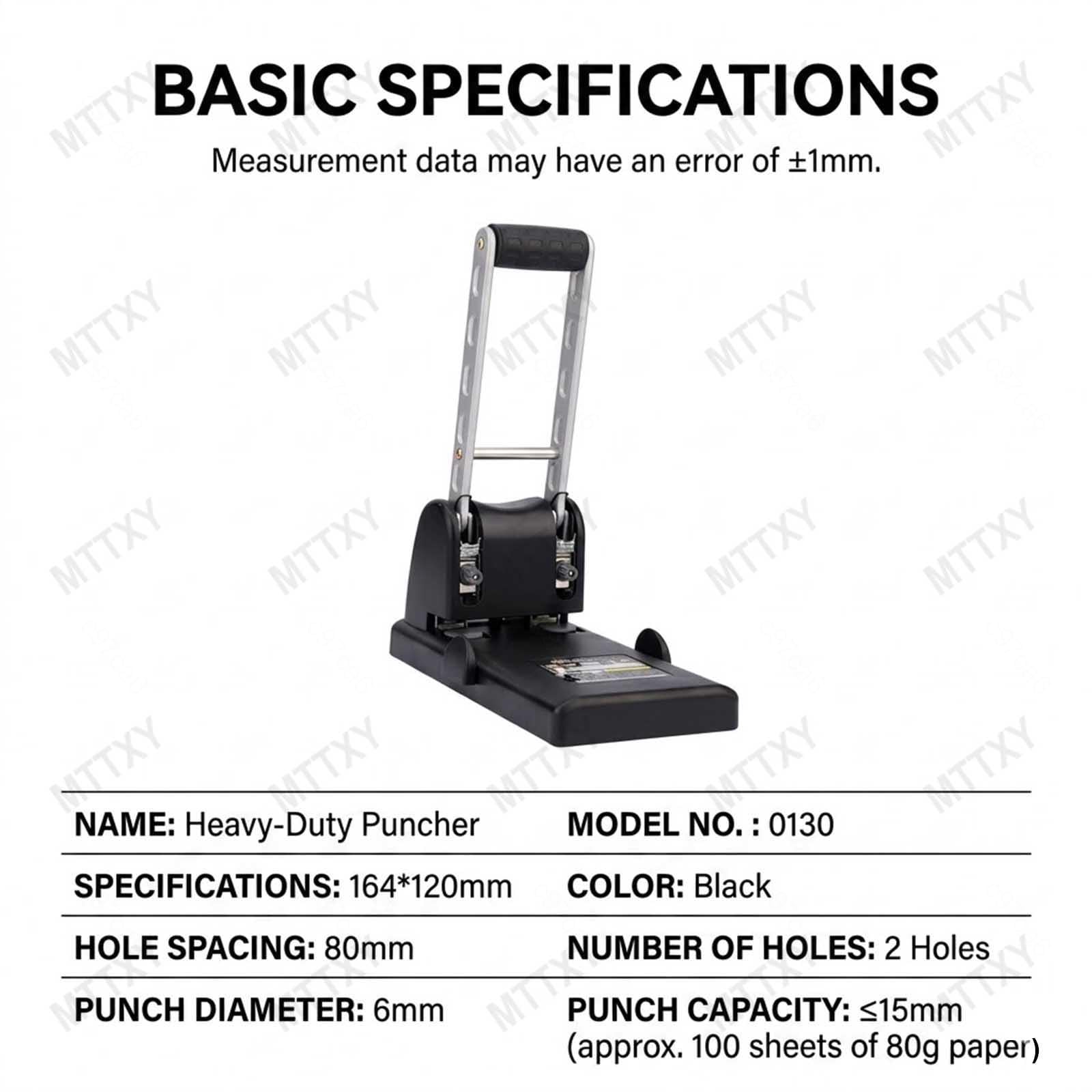 Perforatrice per ufficio resistente, Capacità 100 fogli, Perforatore a 2 fori, Distanza fori 80mm, Guida regolabile, Ergonomica per carta A4, Nero