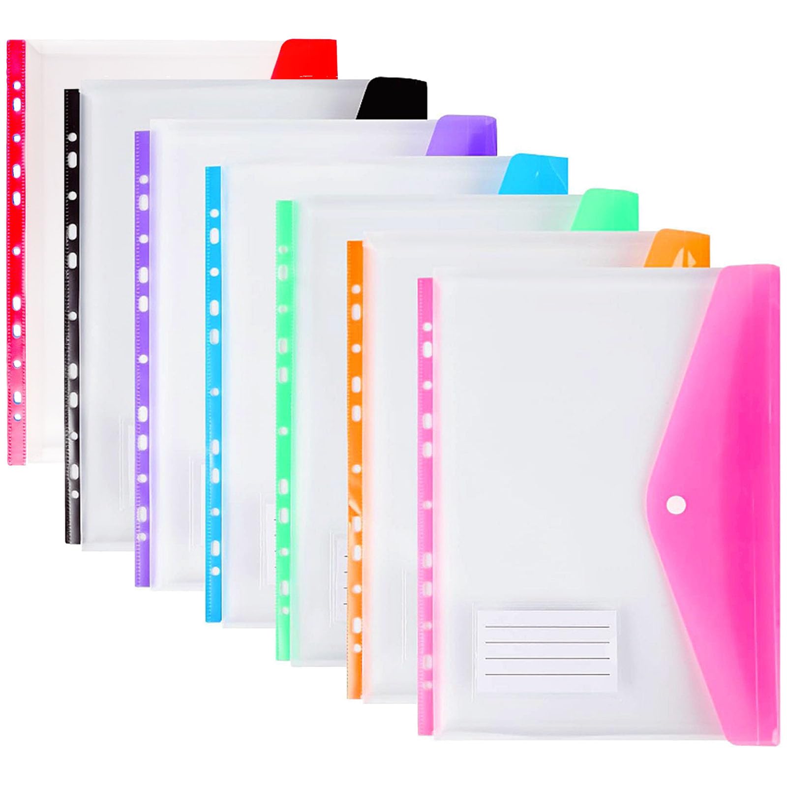 Plastic Wallets A4 Punched Pockets, 11 Holes Expandable Binder Folders for 2/3/4 Ring Document Pouch with Snap Button & Label Loose-Leaf Transparent for Office School Home (7pcs-Side Open)