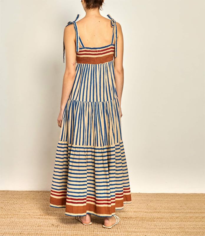Image of SOOKABEILA Women Striped Sleeveless Maxi Dress Flowy Smocked Tie Shoulder Dress Backless Spaghetti Strap Boho Sundress