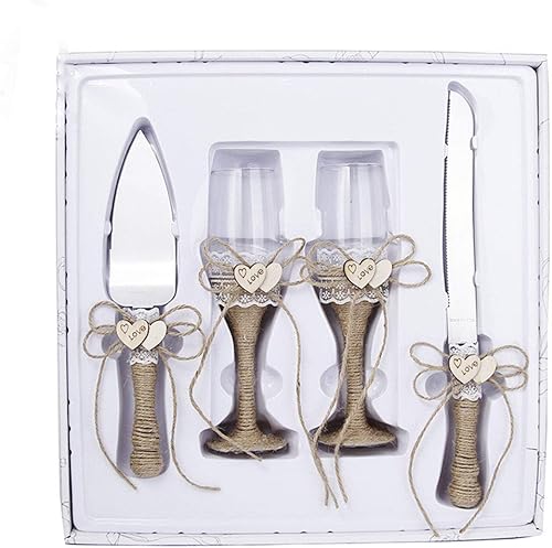 Suministros de boda de 4 piezas Cuchillo para tartas, juego de servidor de pastel y juego de copas de champán de boda, 2 copas de champán para