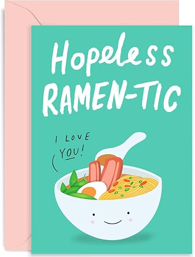 Old English Co. - Divertida tarjeta de aniversario de Ramen-tic sin esperanzas, bonita tarjeta de juego de palabras para esposa o esposo, tarjeta de