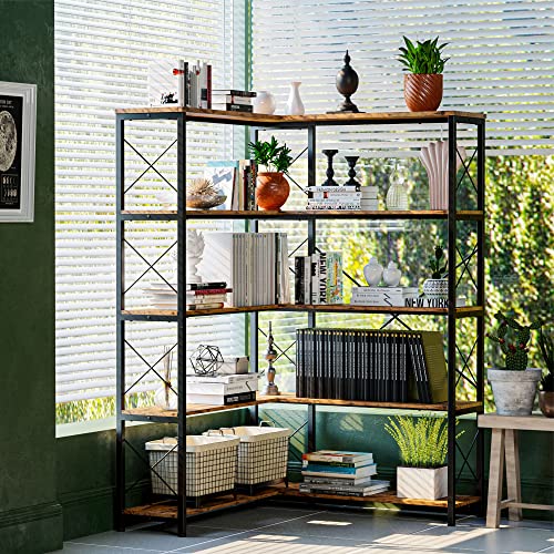 IRONCK 5-Shelf Corner Bookcase, Vintage Industrial Corner Bookshelf Etagere Bookcase, 5 Tiers Corner Shelf Storage Rack with Metal Frame for Living Room Home Office