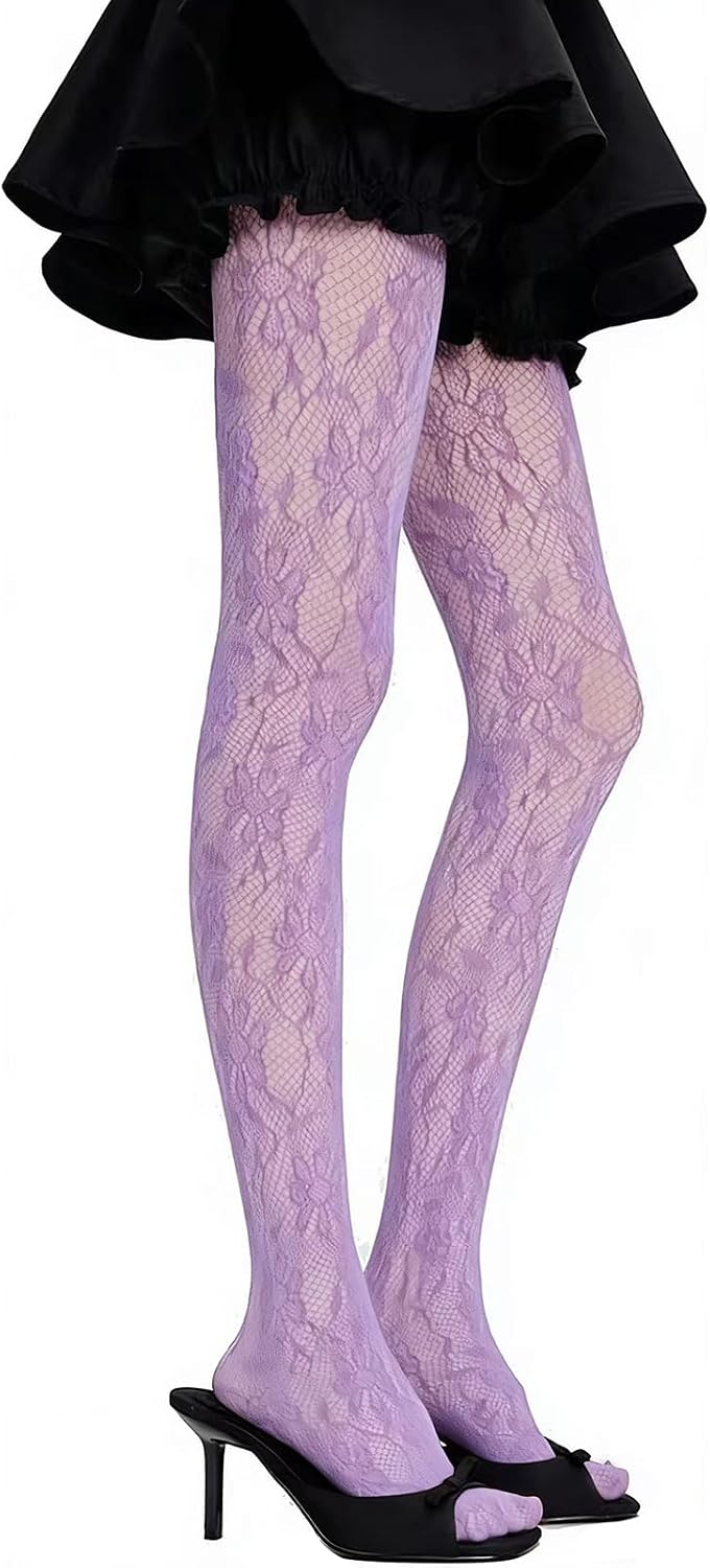 Women's Lace Fishnet Tights, Black Floral Pattern, Sheer Mesh Openwork Jacquard Hosiery