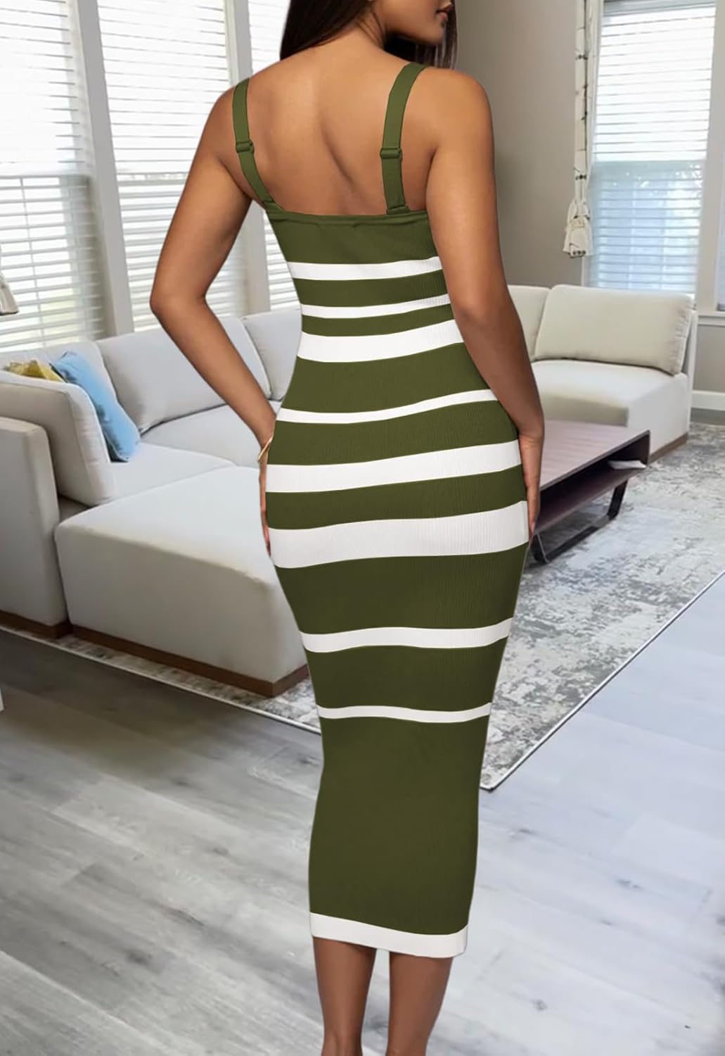 CutieLove Women's Casual Sleeveless Striped Bodycon Midi Dress Square Neck Ribbed Knit Dresses - Image 7