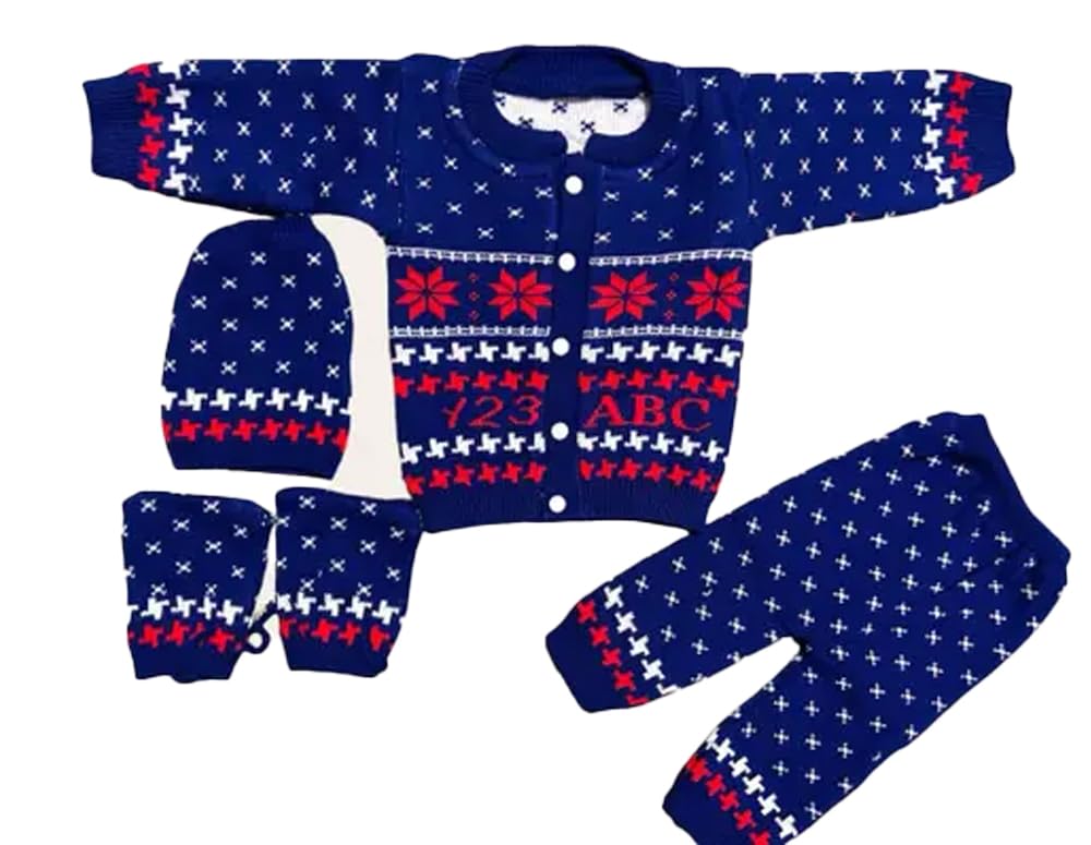 Baby Unisex New Born Baby Boys Girls Soft Comfortable Trendy Woolen Round Neck Sweater Set with Payjami, Cap and Pair of Booties for Toddlers Navy Blue - Image 5 thumbnail