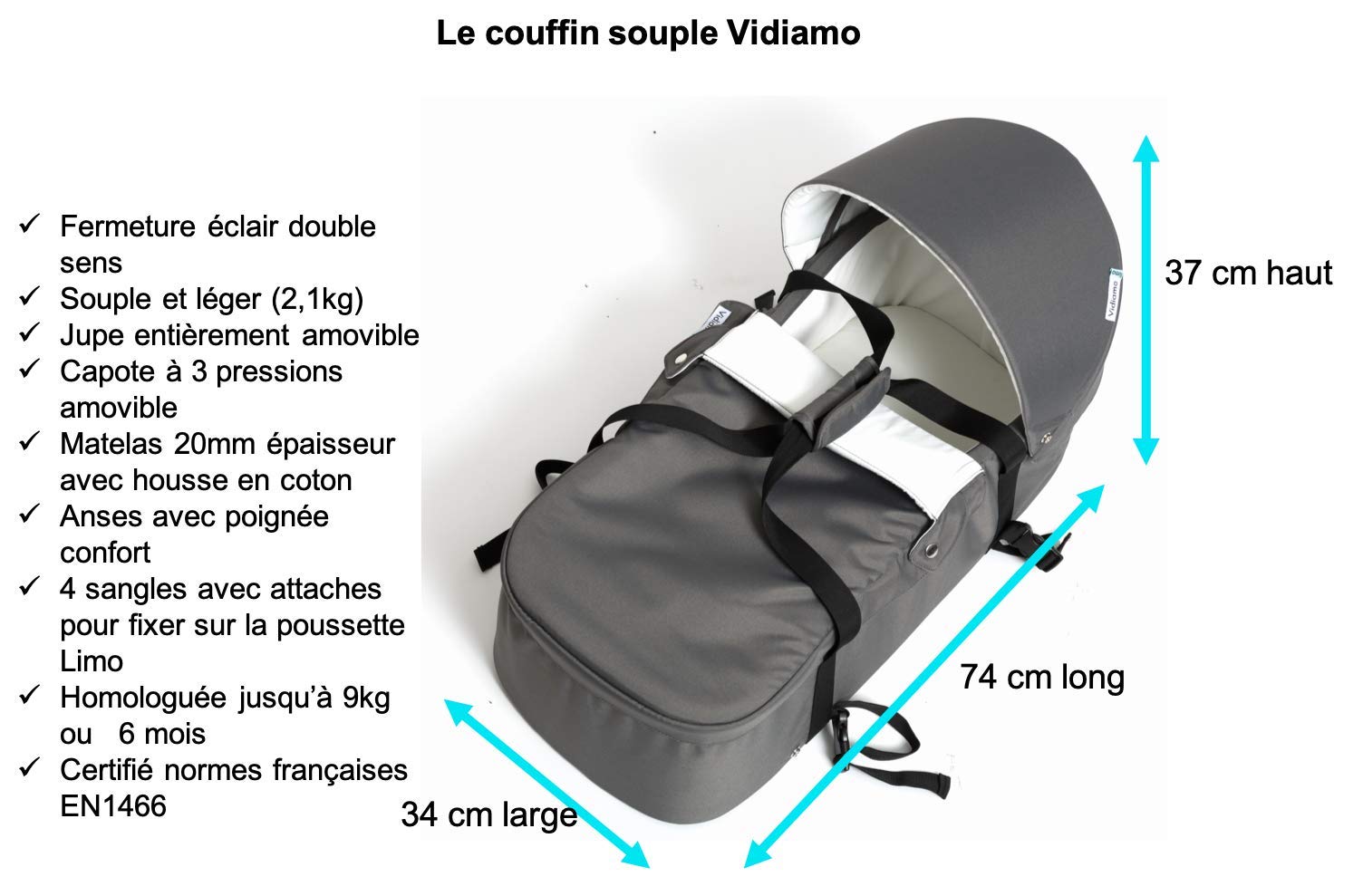 Couffin - Dès la Naissance à 6 mois ou 9 kg - Souple et Léger (2 kg) - 2 Anses - Matelas et Capote Amovibles - Jupe Zippée - Déhoussable - Nacelle Compatible Poussette Limo - Coloris Bleu