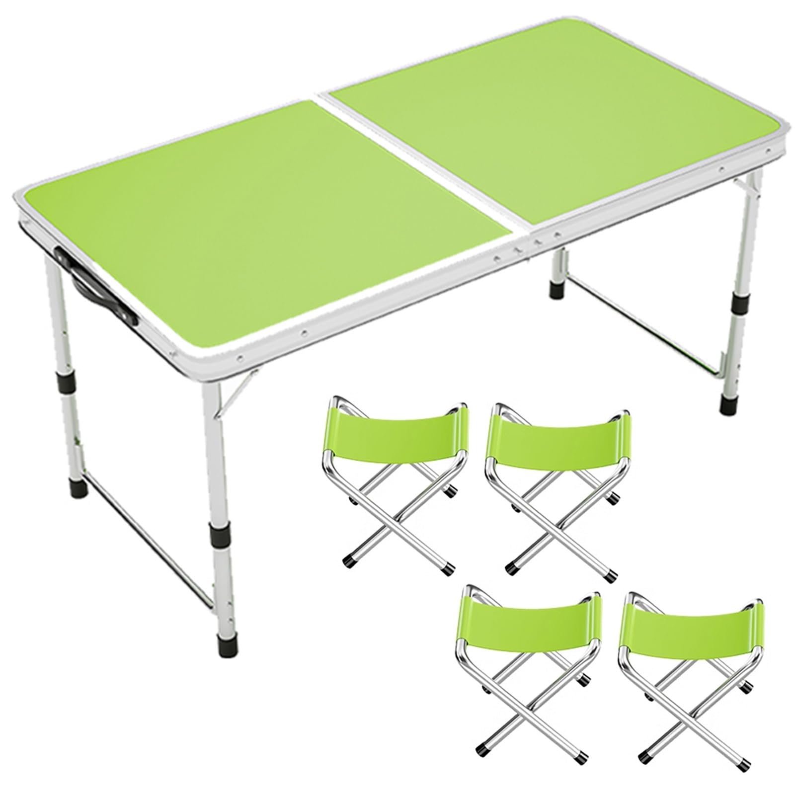 Aluminiowy składany stół o regulowanej wysokości, przenośny stół kempingowy z uchwytem, idealny do cateringu, biura, na imprezę, piknik, ślub (120 x 60 cm, zielony + 4 stołki)