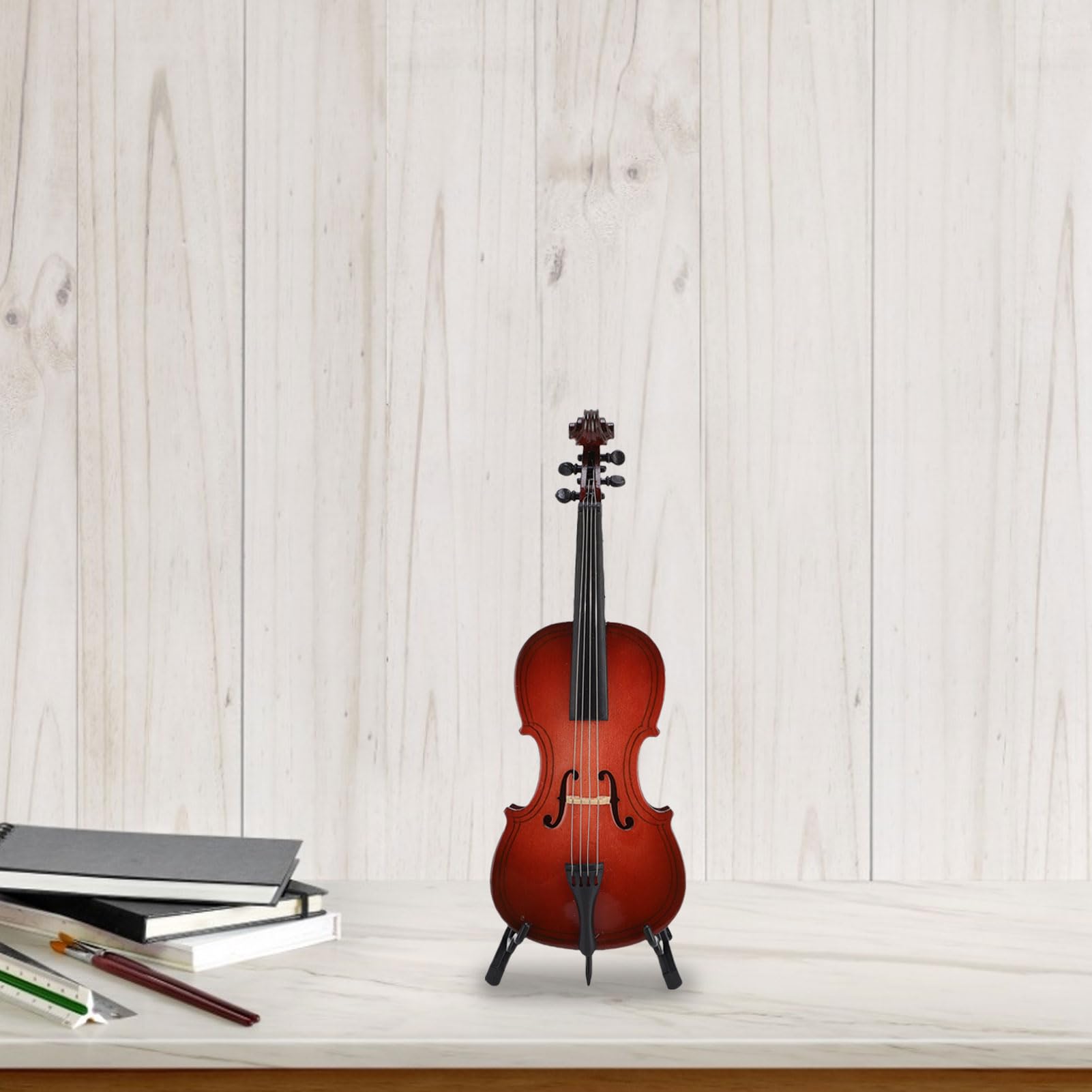 drewniany miniaturowy model wiolonczeli, model repliki instrumentu muzycznego z stojakiem bok case do lalki