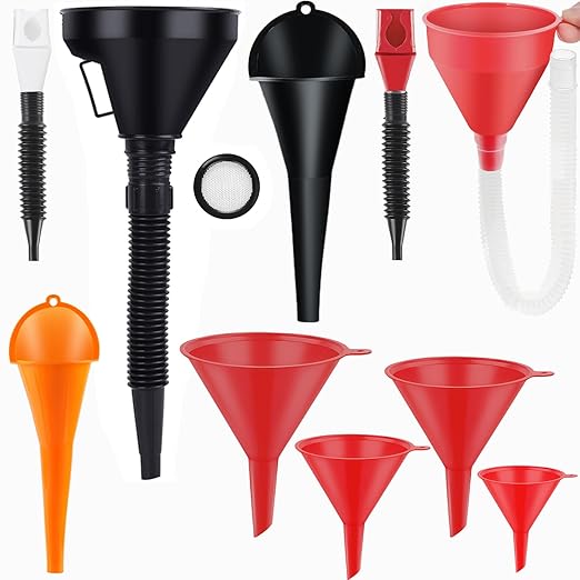 10Pcs Automotive Plastic Oil Funnel Set, Large Wide Mouth Long Neck Flexible Fuel Funnel with Removable Filter and Handle for Filling Oil/Water/Coolant/Gasoline
