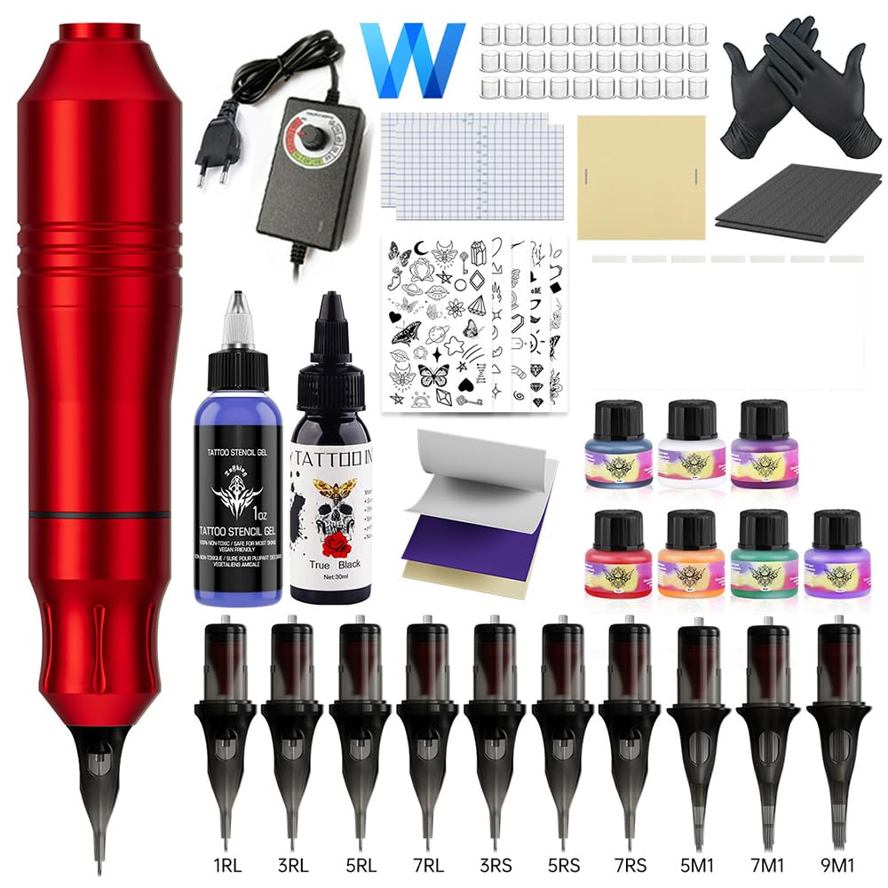 Kit macchinetta rotativa per tatuaggi - Set penne per tatuaggi con alimentatore digitale CC, 20 inchiostri, 10 aghi per cartuccia, pedale e pratica,Rosso,B
