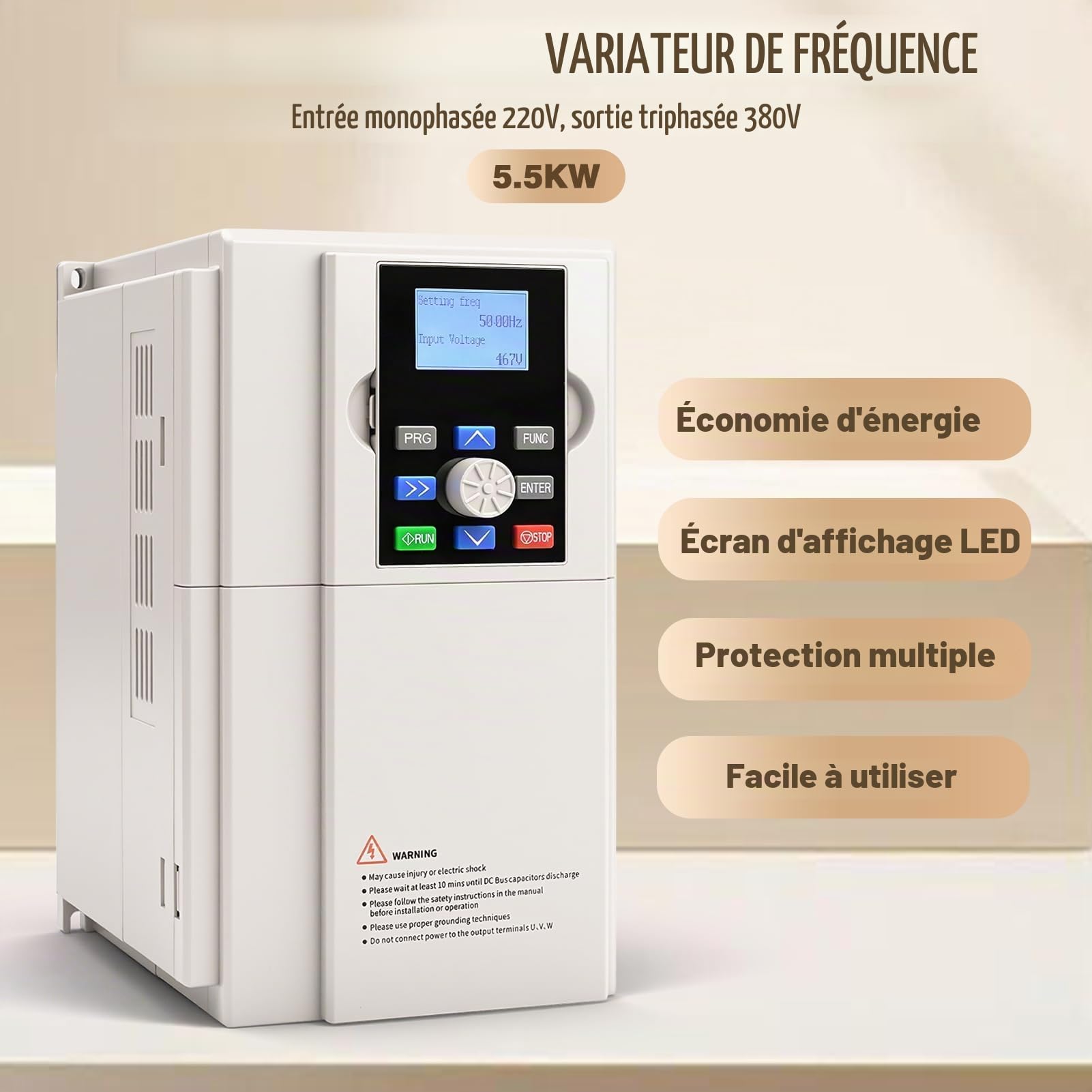 Variateur de Frequence 220v à 380v 5.5kW, VFD Professionnel Entrée Monophasée 220v Sortie Triphasée 380v Entraînement à Fréquence Variable Convertisseur de Fréquence CNC pour Ventilateurs,Pompes à eau