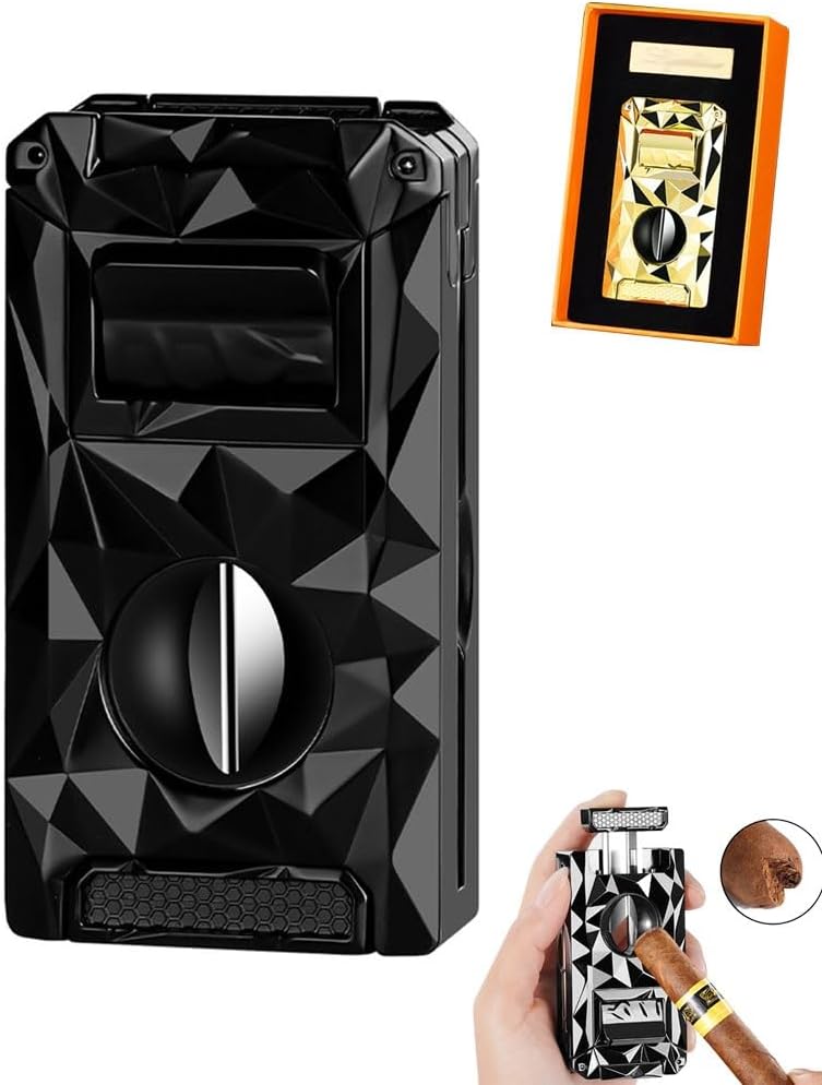 5-in-1 Triple Windproof Butane Torch Cigar Lighter with V-Cutter, Punch, Stand, Visible Transparent Air Window, Men's Cigar Accessory Gift(D)