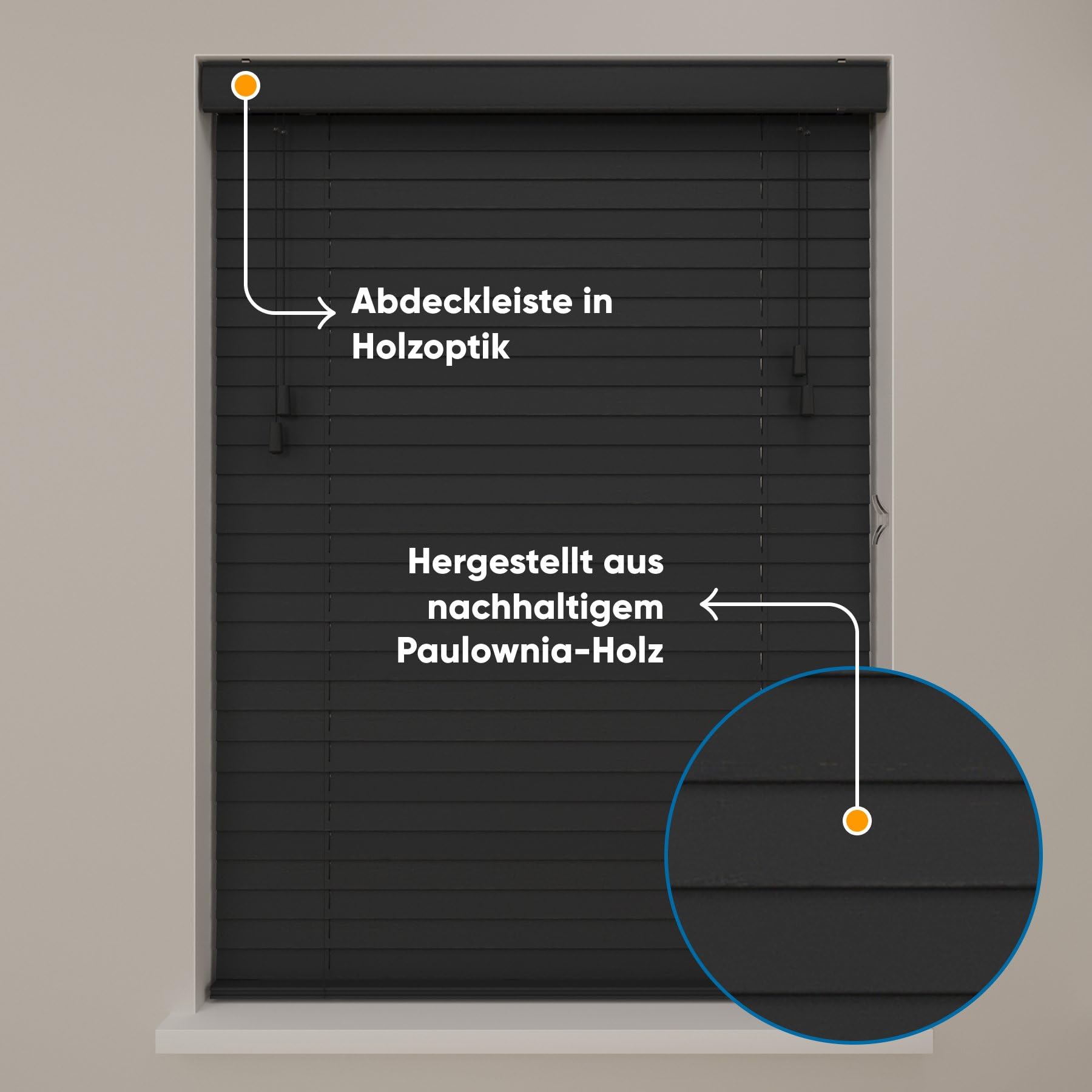 DTCH® Holzjalousie innen, schwarz, 100 x 130 cm | 50mm Lamellen, nachhaltiges Holz, Sicht- und Sonnenschutz, Lichtregulierung, Breiten bis 250 cm, kindersicher