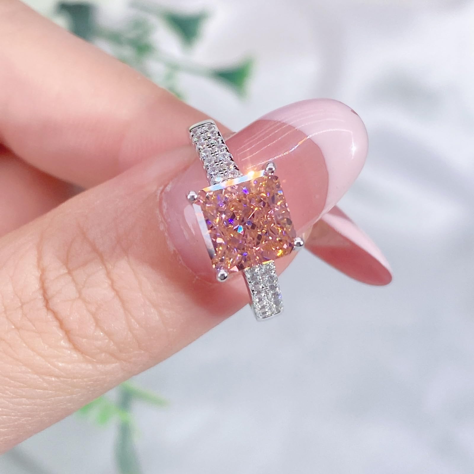 Anello Nuziale, Platino Anello con Zaffiro Padparadscha Quadrato da 3 carati Creato in Laboratorio e moissanite