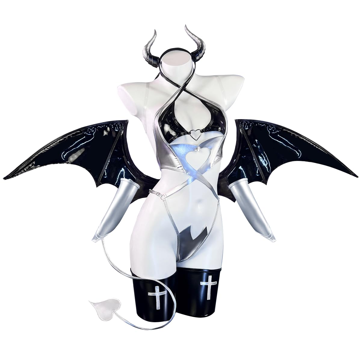 KORURACLUB Succubus costume premium pu cosplay lingerie for women wing devil lingerie: Silver Medium