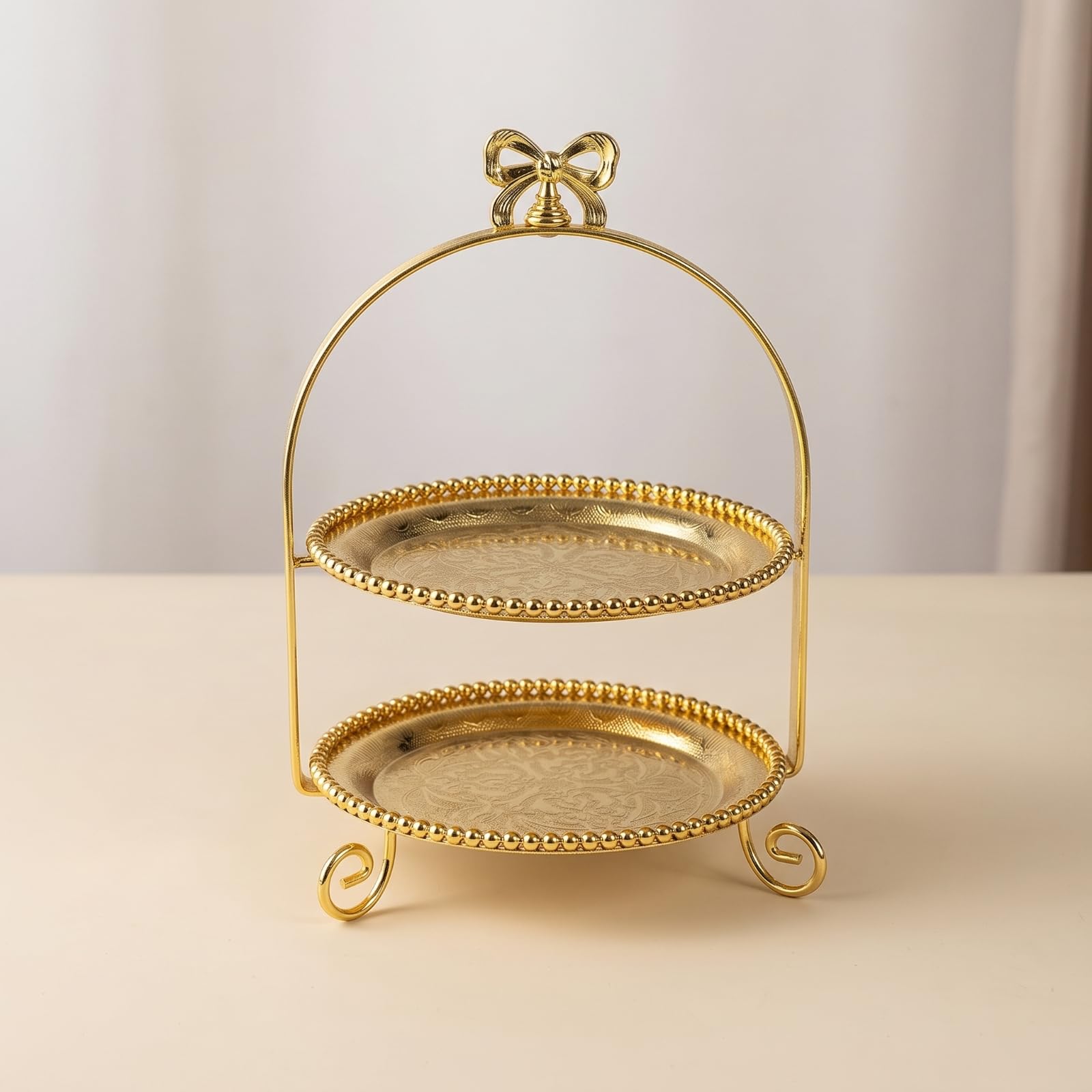 Présentoir à Dessert avec Poignée Papillon Argenté Présentoir à Gâteaux Vintage Support à Pâtisserie pour Anniversaire , 21 Cm , 9909-1G Doré, Deux Étages, Motif Papillon