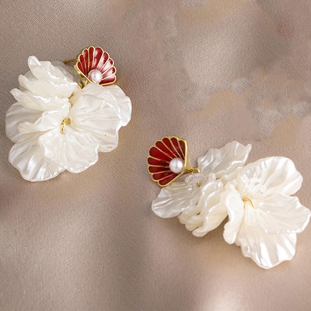 White Flower Seashell Dress Women Earrings Dainty Large Sea Shell Floral Dangling Earring Coastal Beach Tropical Statement Bohemian Jewelry Hawaii Gifts - Image 6