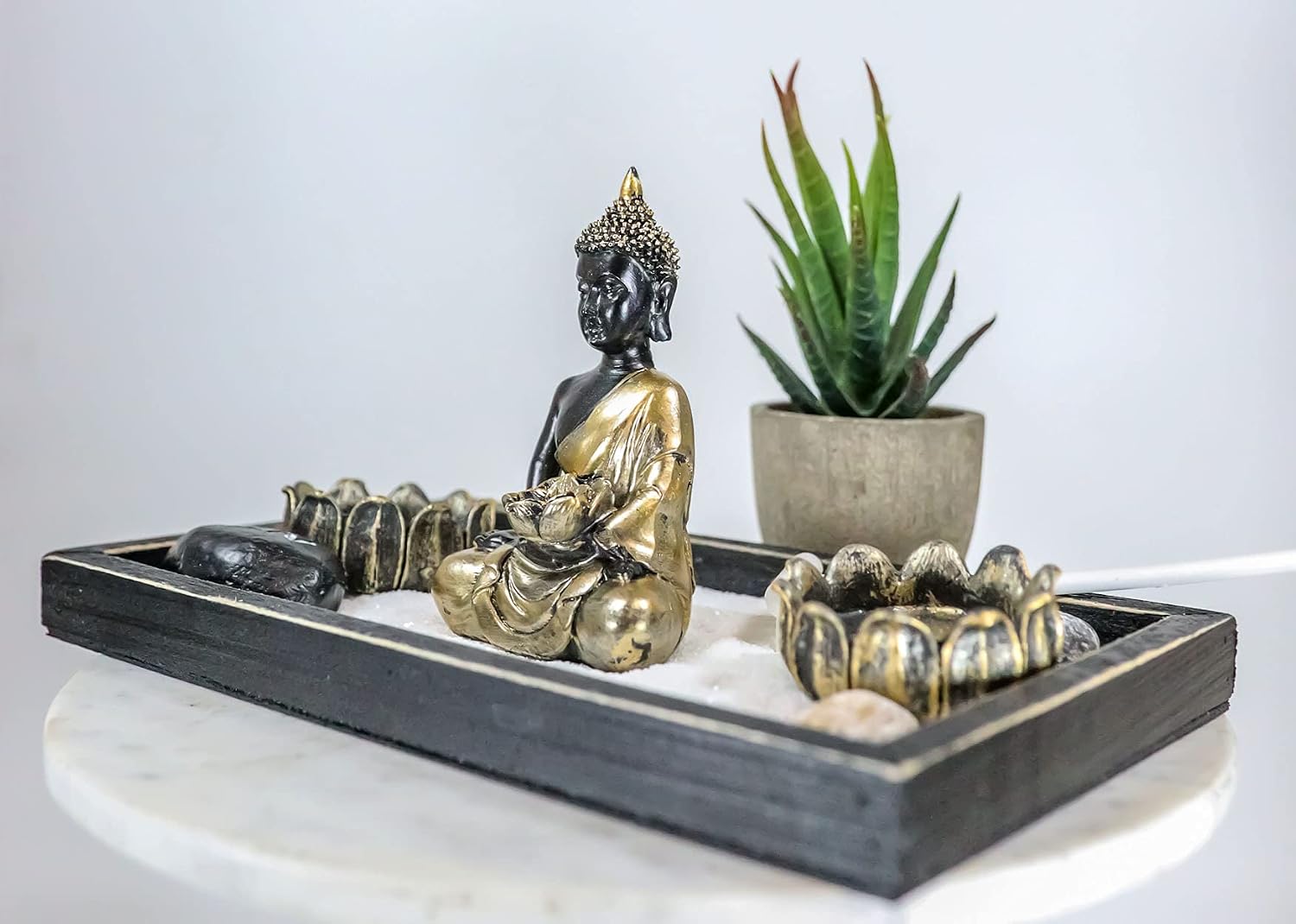 Ebros Gift Meditating Namaste Gautama Buddha Monk Shakyamuni in Golden Robe by Lotus Votive Candle Holders Zen Garden Kit with Pebbles Sand and Rake Figurine Buddhism Amitabha Candleholder