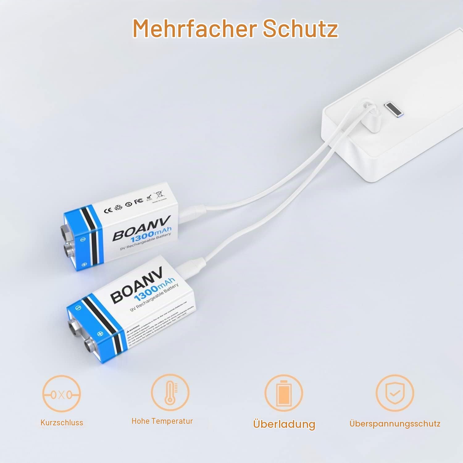 9V Akku Block Wiederaufladbare, 1300mAh 9V Lithium-ionen Batterie, Micro USB Ladegerät mit 2-in-1 Ladekabel für Rauchmelder, Alarme Tastatur Mikrofon (8 Stück)