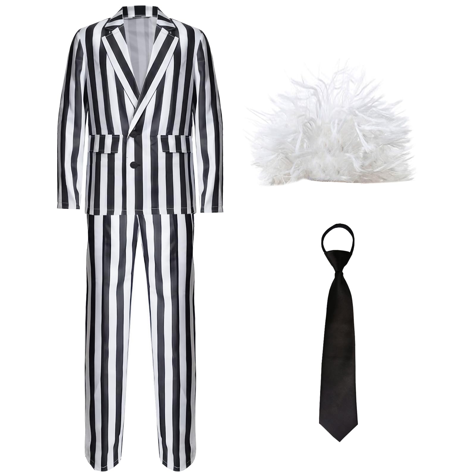 Horror Herren schwarz-weiß gestreift Anzug Kostüm mit Perücke Krawatte Horror Halloween Herren Cosplay Outfit Halloween Karneval Cosplay Faschingskostüm