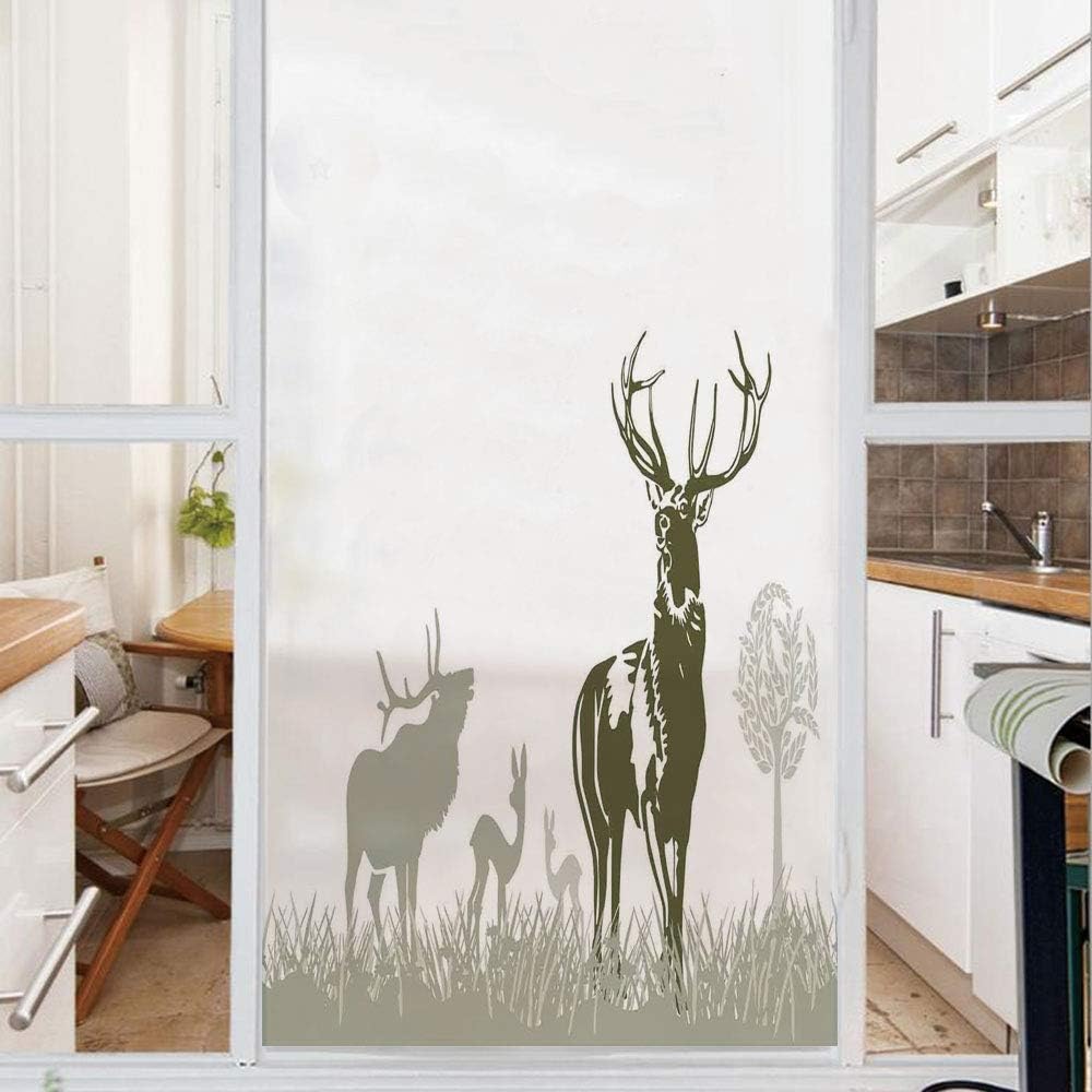 Decorative Window Film,No Glue Frosted Privacy Film,Stained Glass Door Film,Wild Animal Deers Field Meadow Grassland Tree Morning Time Park Landscape,for Home & Office,23.6In. by 59In