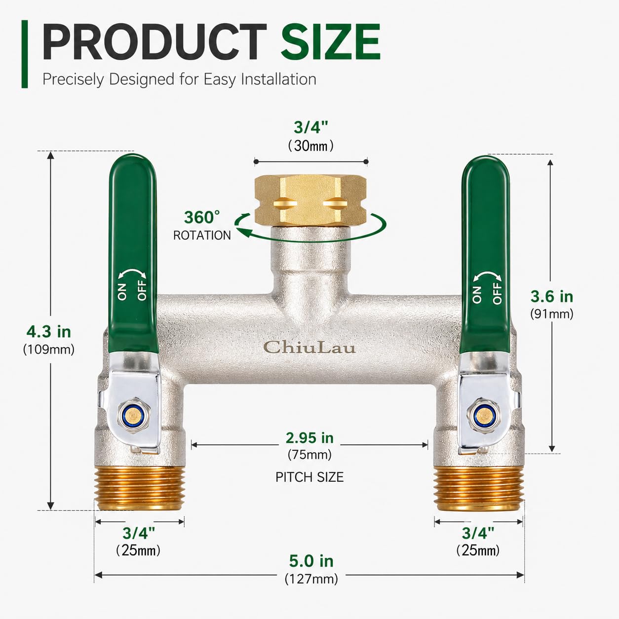 Distribuidor de 2 vías, gran flujo de agua de latón niquelado, con conexión hexagonal de latón de 3/4 pulgadas, interruptor separado, adaptador para grifo de jardín al aire libre, mango de