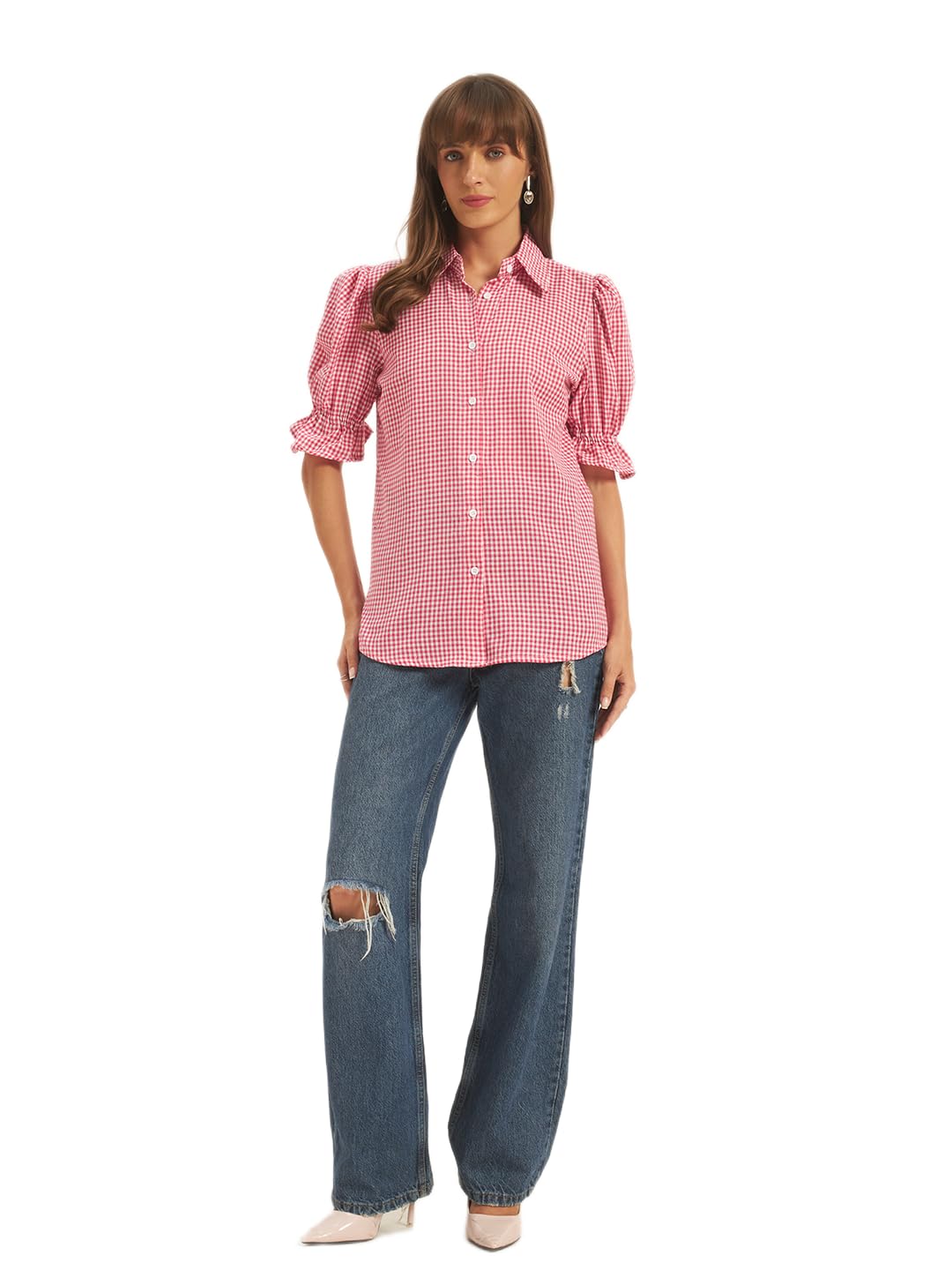 Casual Women Checkered Stylish Shirts in Puff Style Sleeves-picture-54