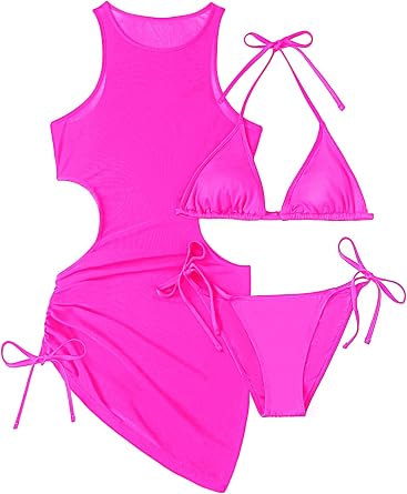 3 Piece Swimsuits Mesh Coverup Bathing Suits Sexy Triangle Bikini Sets