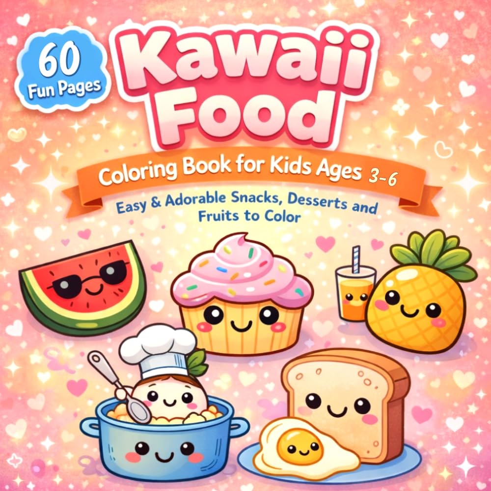 Kawaii Food Coloring Book for Kids Ages 4–8: Easy & Adorable Snacks, Desserts and Fruits to Color
