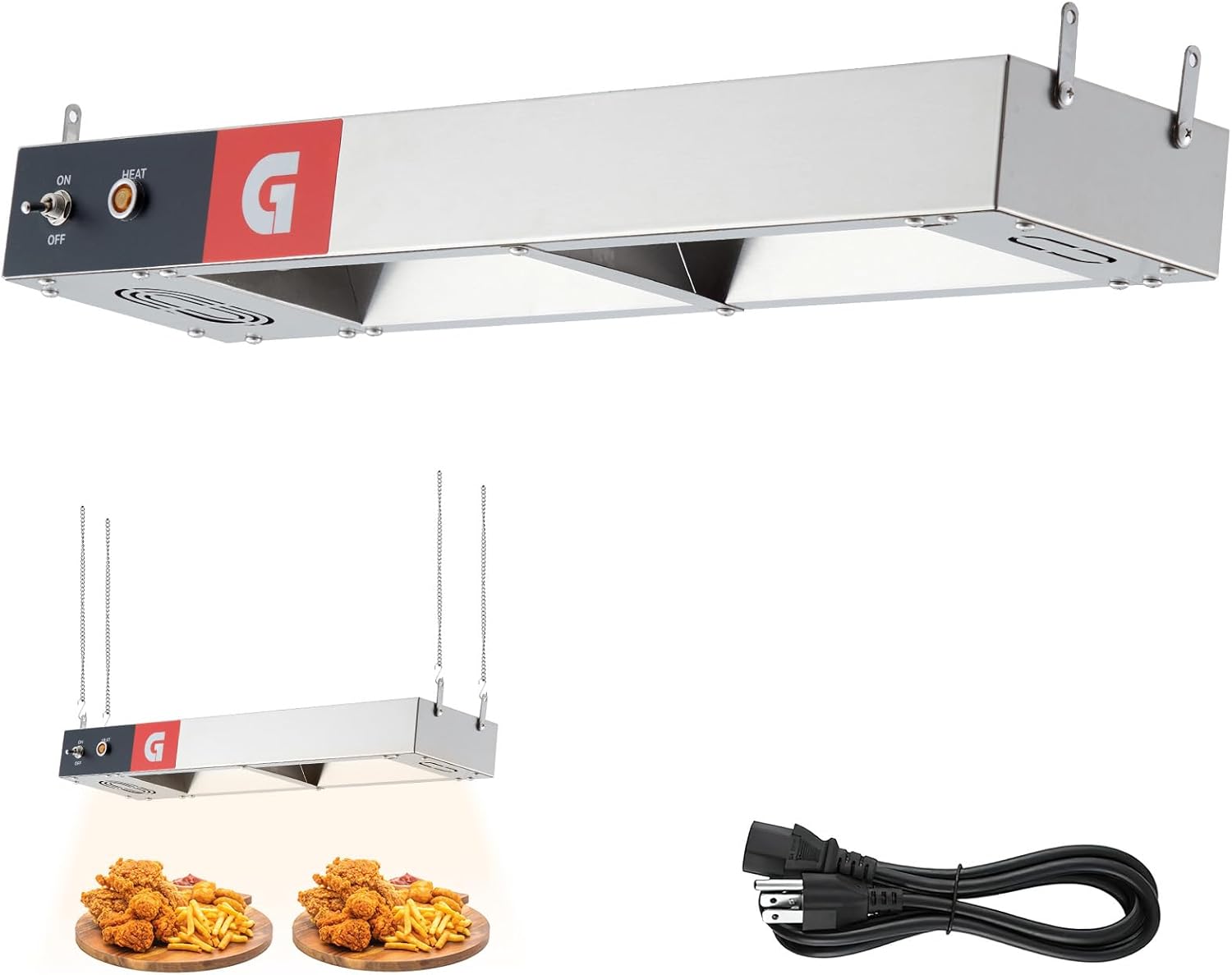 24" Electric Strip Heater, Food Heat Lamp Overhead Food Warmer, Commercial Grade Infrared Food Warmer with Plug and Chains, Hanging Overhead Stainless Steel for Food Restaurant Buffet Catering Kitchen