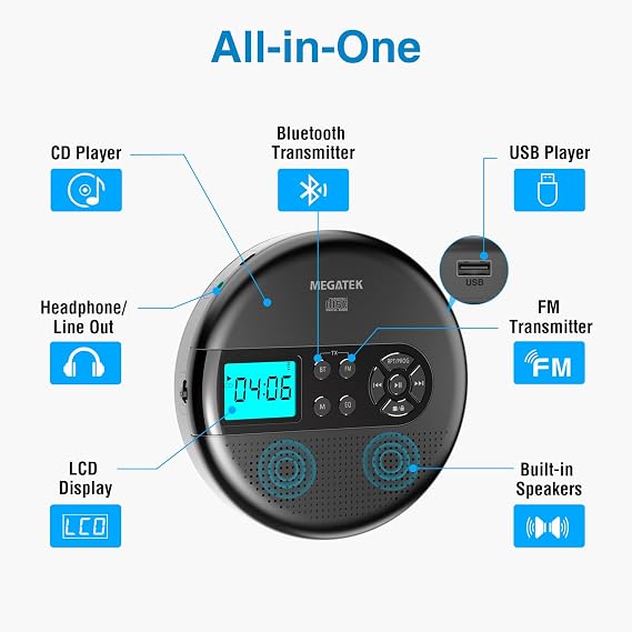 MEGATEK Taşınabilir CD Çalar, Bluetooth İletim ve Alma ile Kişisel Walkman, FM Transmit, CD-R/RW ve MP3 CD'leri Uyumlu, USB, Kulaklık Jakı, LED Ekran - Siyah