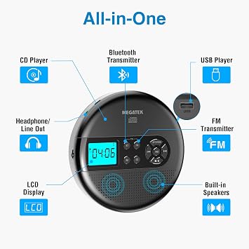 MEGATEK Taşınabilir CD Çalar, Bluetooth İletim ve Alma ile Kişisel Walkman, FM Transmit, CD-R/RW ve MP3 CD'leri Uyumlu, USB, Kulaklık Jakı, LED Ekran - Siyah