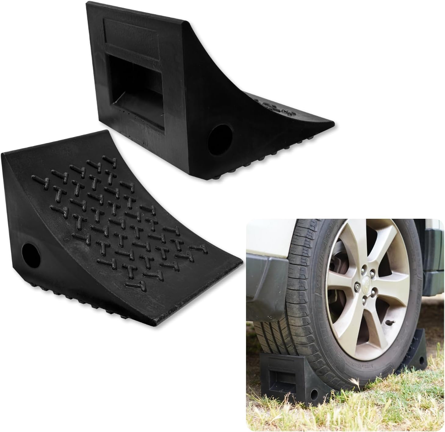 Heavy Duty Wheel Chocks (2 Pack) - Durable, Non-Slip, Solid Rubber Wheel Chocks for Boat Trailers, RV, Truck, Camper - Grip on All Surfaces - Trailer Wheel Chocks - Black