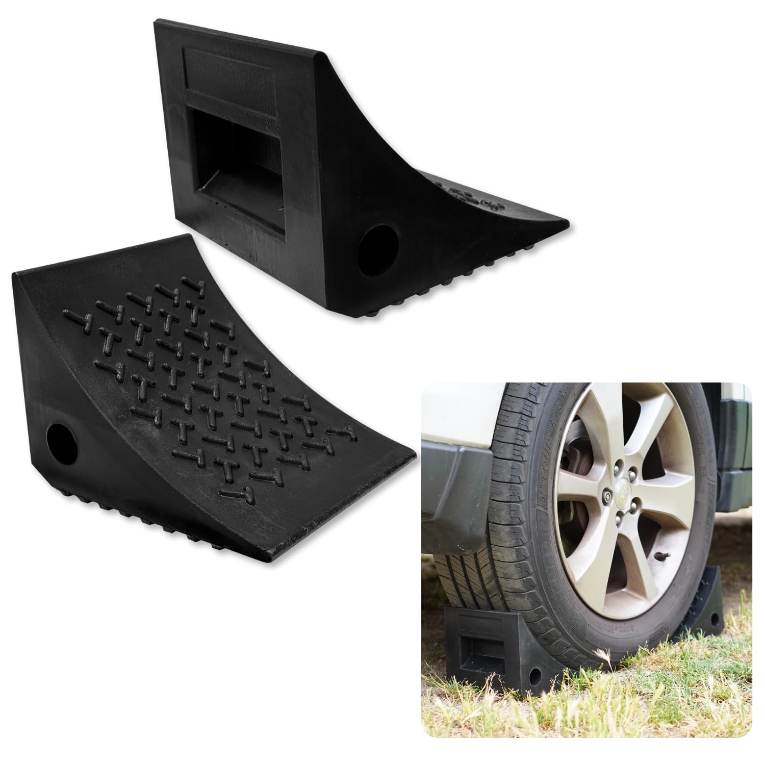 SECURITYMAN Heavy Duty Wheel Chocks (2 Pack) - Durable, Non-Slip, Solid Rubber Wheel Chocks for Boat Trailers, RV, Truck, Camper - Grip on All Surfaces - Trailer Wheel Chocks - Black