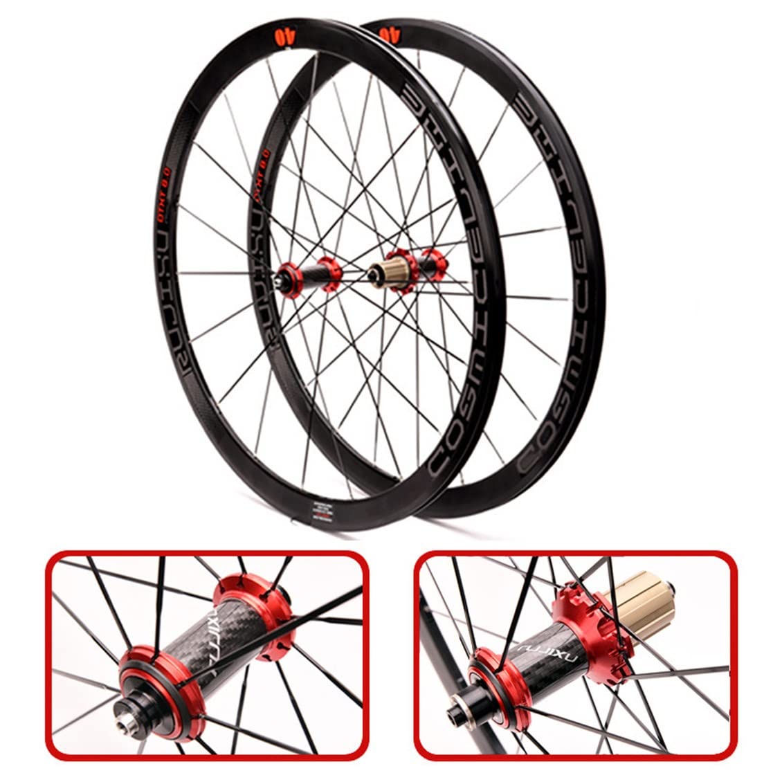 SHKJ 700C Bicycle Front & Rear Wheel 40mm Depth Clincher Carbon Road Bike Wheels Set V/C Brake Rim Sealed Bearing Carbon Fiber Rear Wheel for 8 9 10 11 Speed (Color : Red, Size : 700C)