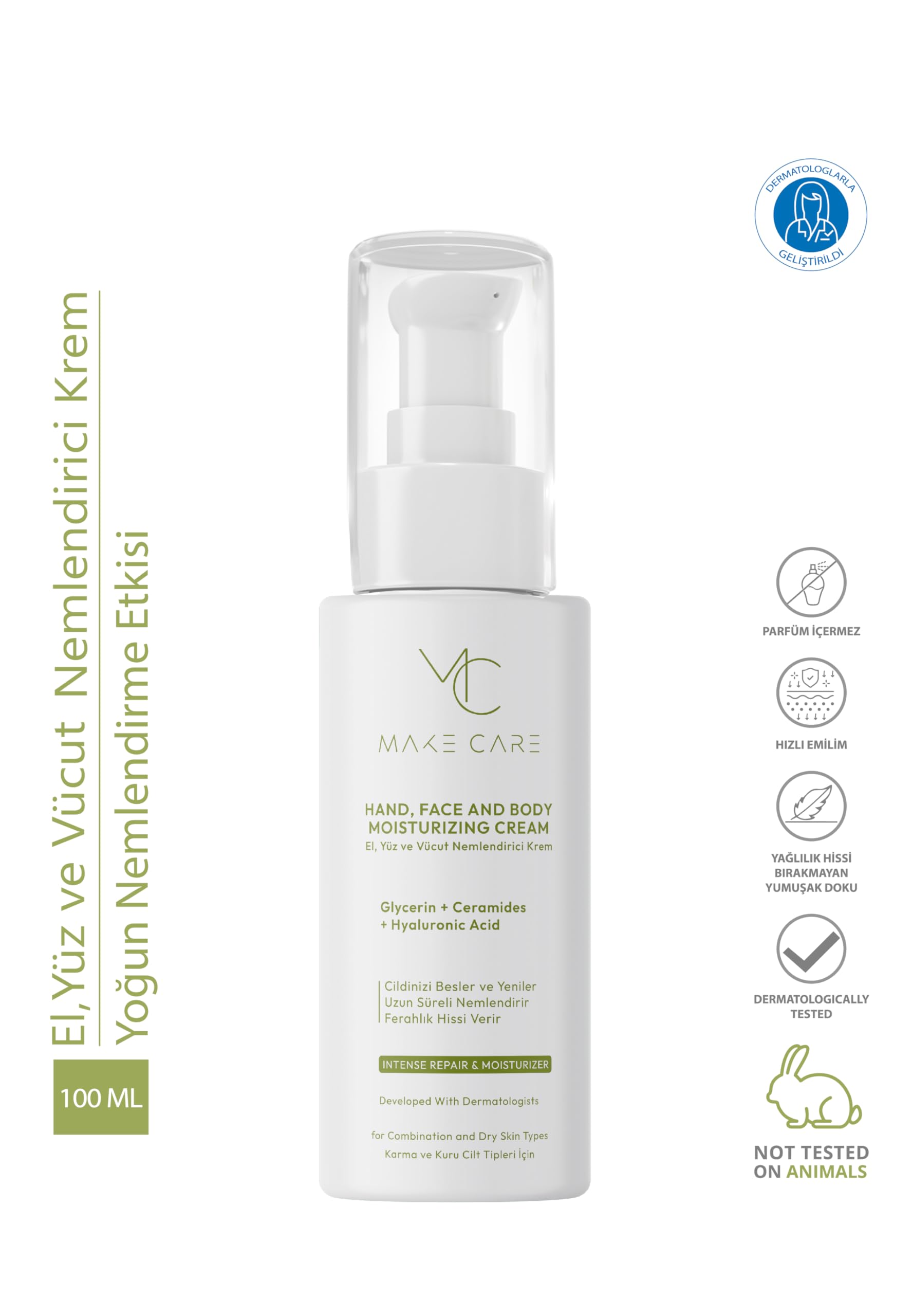 MAKE CARE El, Yüz ve Vücut Nemlendirici Krem, Hyalüronik Asit, Seramid ve Gliserin İçerikli, Parfümsüz, 100 ml
