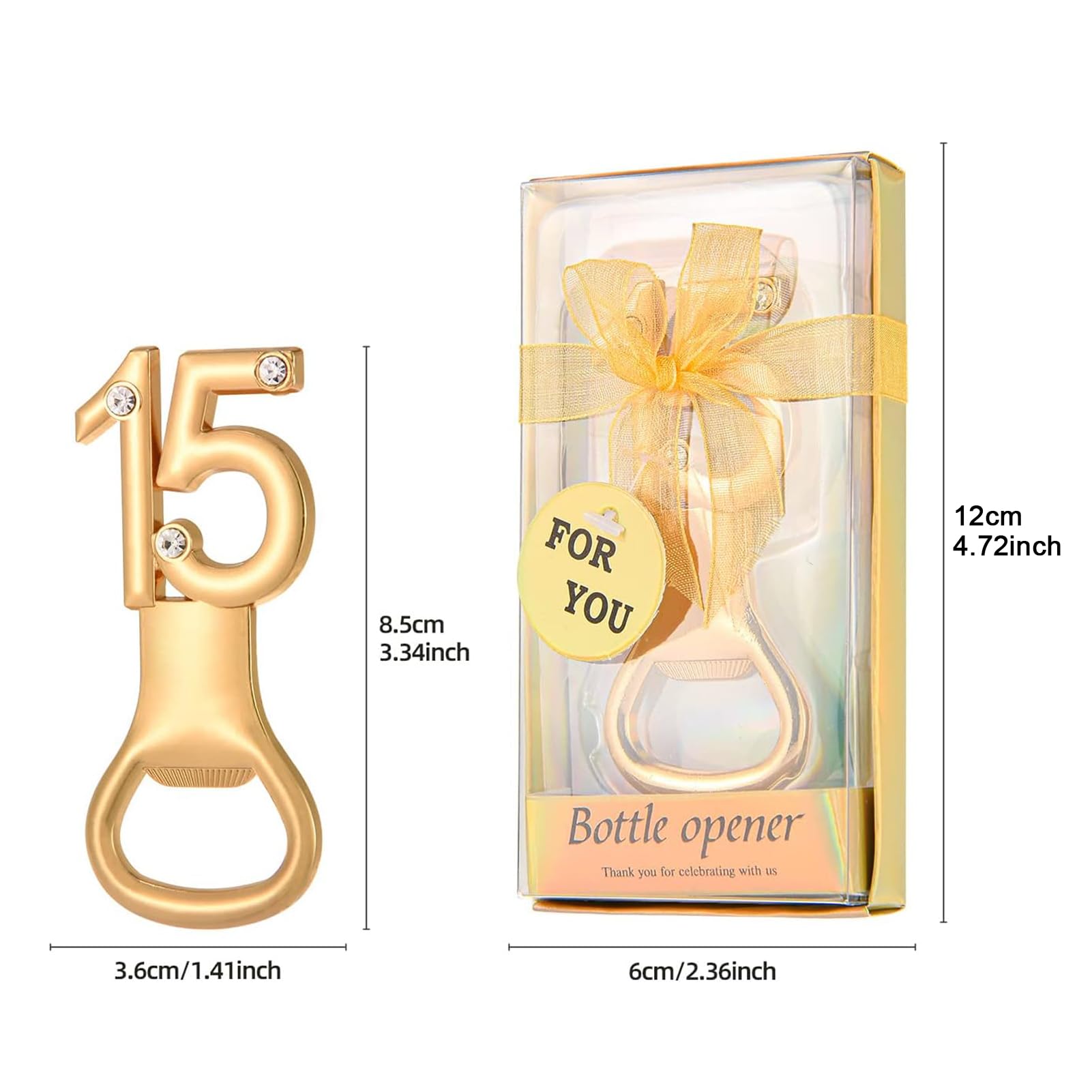 Apribottiglie in Evidenza a Forma di Numero 15 in Oro, Apribottiglie Ricordo con Confezione Regalo, Decorazione con Strass, Apribottiglie Souvenir per Compleanno, Matrimonio, Anniversario,(36pcs-oro)