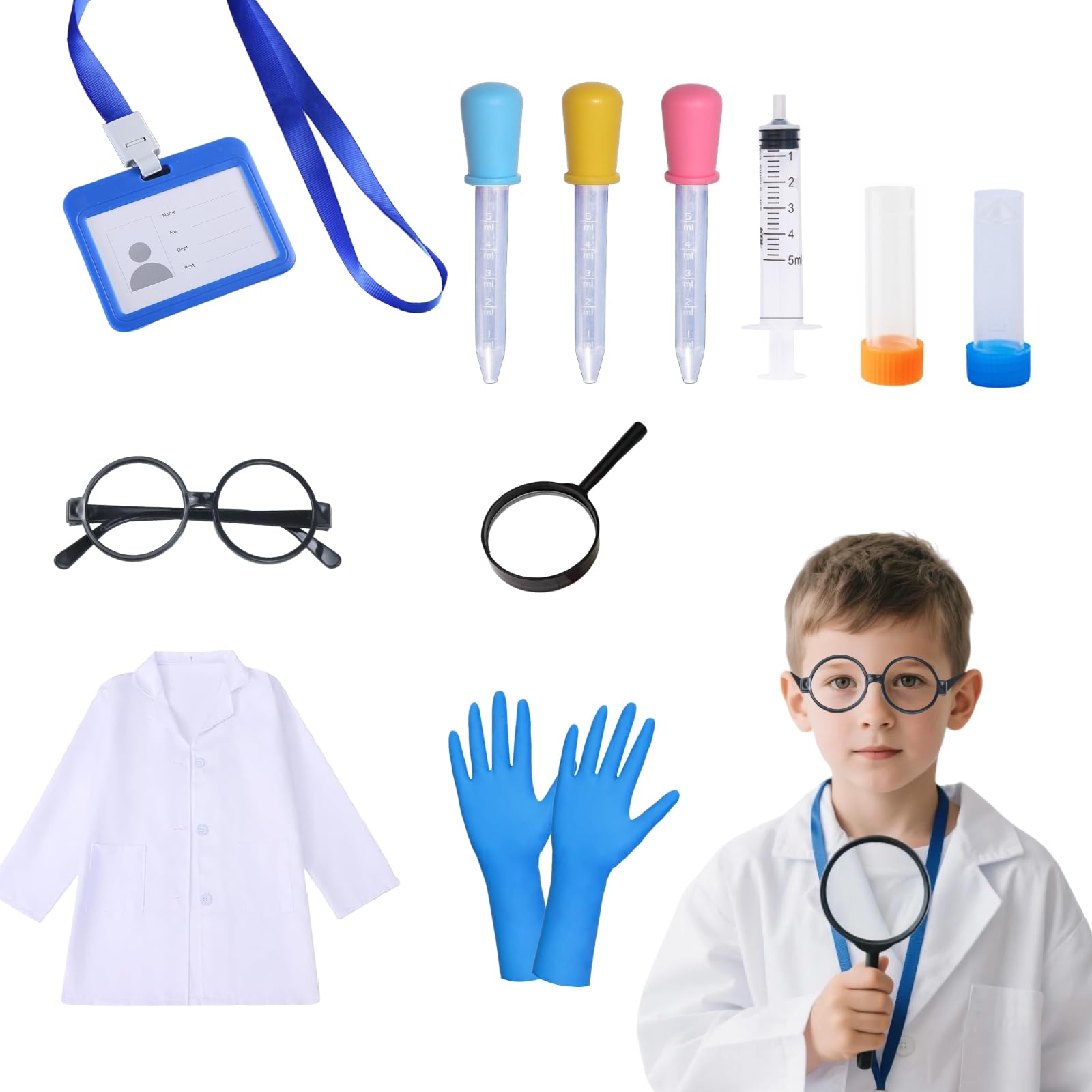 12pcs Kids Scientist Costume Set, Doctor Costume, Kids Lab Coat, Scientist Doctor Role Play Set for Boys & Girls, ID Card
