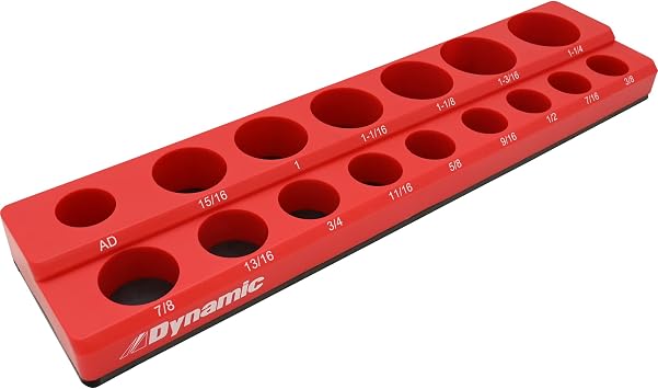 Dynamic Magnetic Socket Organizers, 1/4", 3/8" and 1/2" Drive, SAE and Metric, Quality Tool Box Organizers 1/2 Dr. SAE, Red, Holds 15 Sockets & 1 Adapter