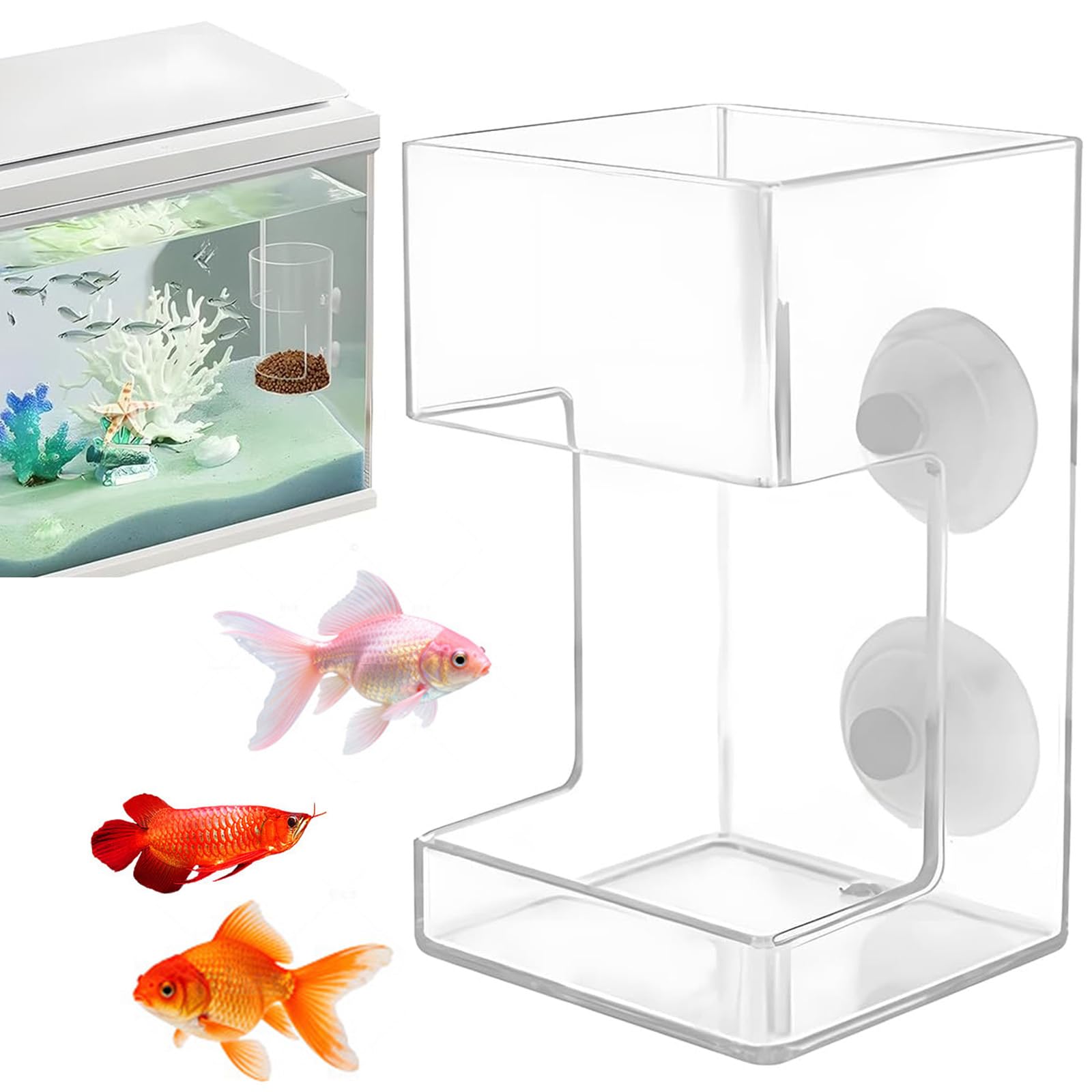 Aquarium Feeding Ring and Tray, Automatic Fish Feeder, New Fish Tank Feeding Tray with Suction Cup, Feeding Tube Supplies, Tank Divider Supplies, Transparent,Clear and Visible (1PC*Square)