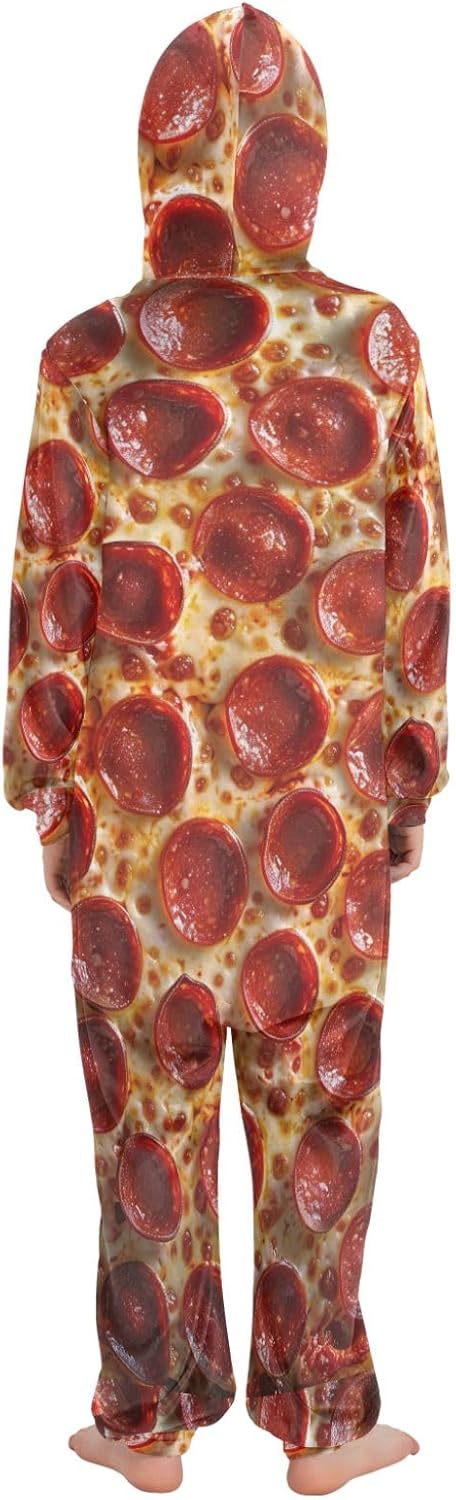 ODAWA Pizza Pepperoni Unisex Onesie Kids Halloween Costume Christmas Cosplay Comfy Hoodie One Piece Jumpsuits for Children Girls Boys, 13-14 Years