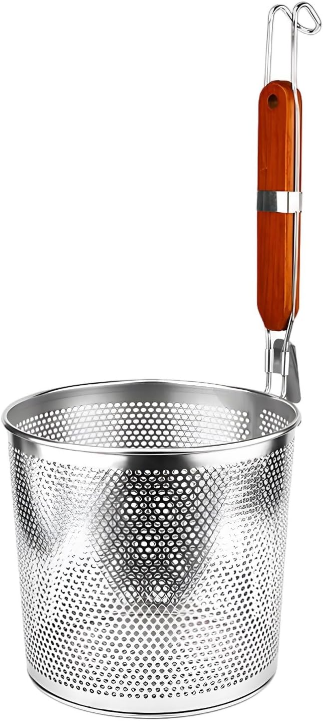 Pasta Basket Skimmer, 6.3 In Stainless Steel Food Strainer Insert For Pot, Colander With Red Wooden Handle, Noodle Strainer Basket With Hook