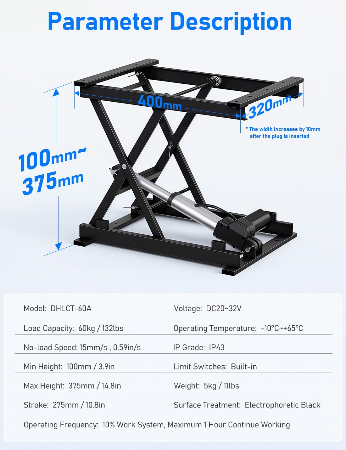 DIHOOL Elektrischer Scherenhubtisch 60KG Hubtisch Hebebühne Labor Kfz Werkstatt 100-370MM Einstellbarer Lift AC 100-240V und DC 24-30V
