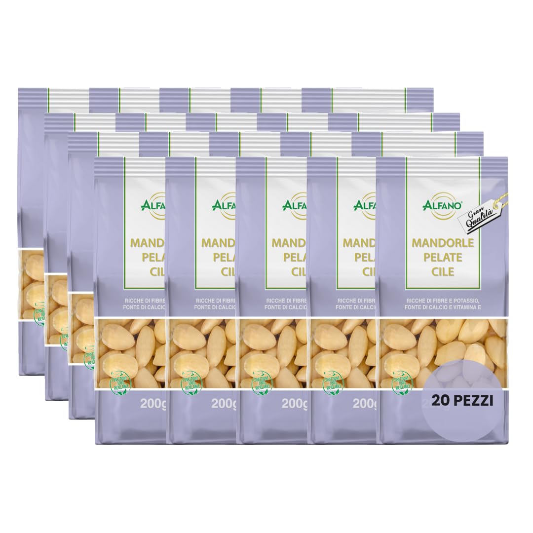 Alfano dal 1940 Mandorle Pelate Cile Non Pareil Supreme Extra 200g Frutta Secca Ricca di Fibre e Potassio, Fonte di Calcio e Vitamina E Sane e Genuine (20 Pezzi)