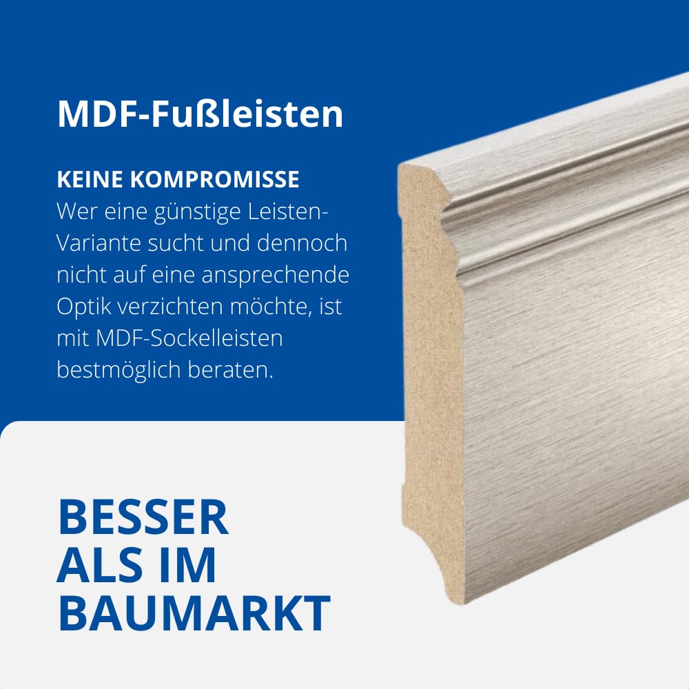 REESE | Sockelleisten | MDF Edelstahl Optik | Hamburger/Berliner Profil | 100mm - 15 Stück / 34,5lfm