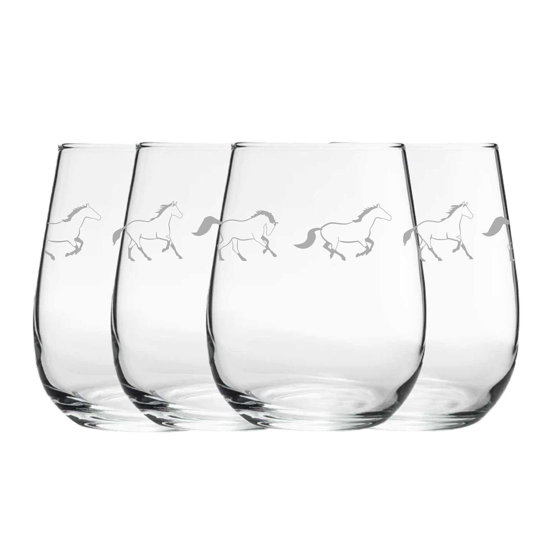 Weingläser ohne Stiel, graviertes Pferde-Muster, 4 Stück, 360 ml Gaia-Gläser, lasergraviert in Großbritannien, Geschenk für sie, Geschenk für Mama, Oma, Muttertag, Geburtstag