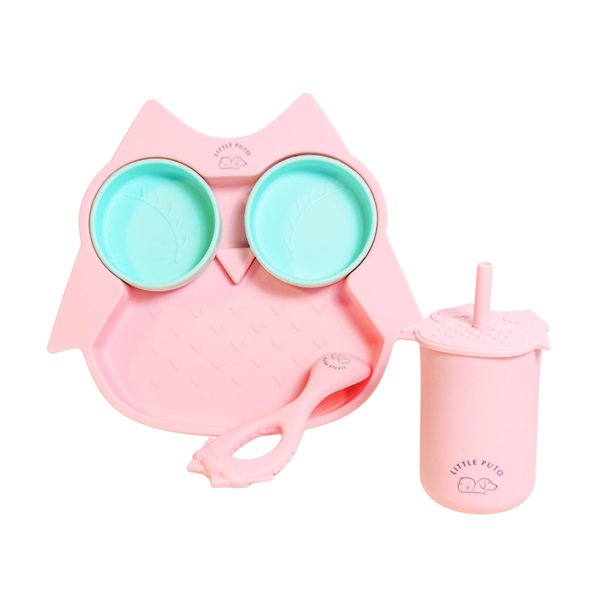 Little Puto™ 3 Pack Cute Design Premium Silicone Baby Feeding Set / Suction Plate for Babies & Toddlers, 2 small bowls, Easy to Grip Spoon & Spill Free Sippy Cup / Non-Toxic Food Grade Silicone Baby Plates for Food / Dishwasher and Microwave Safe